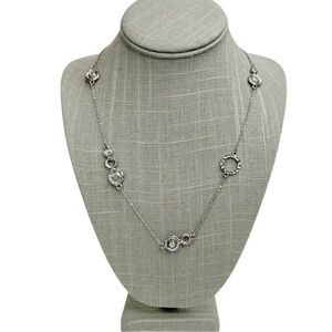 Silver Tone Textured Round Satellite Rhinestone Long Chain Necklace